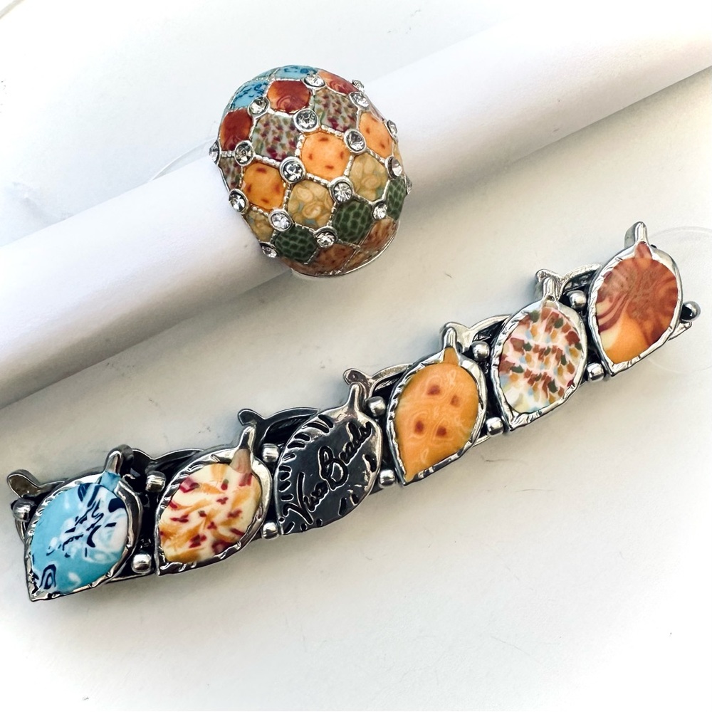 Chunky VivaBeads Handmade Stretch Bracelet & Ring Set in Pumpkin Spice color NWT